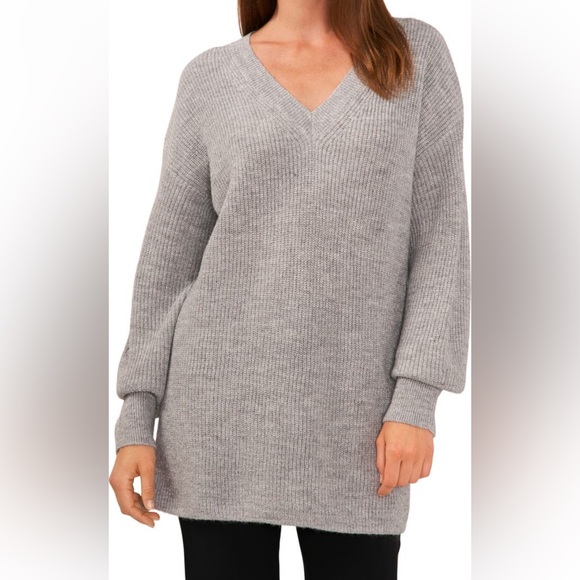 Halogen EUC Ribbed V-Neck Tunic Sweater Light Gray 3x - Picture 1 of 6